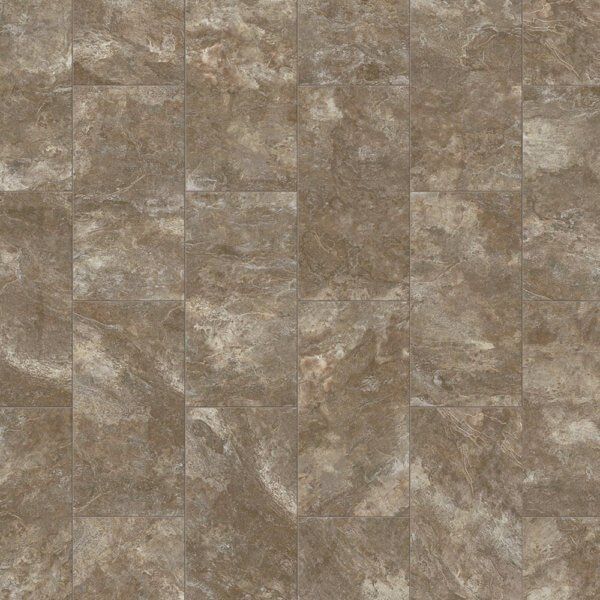 Brown and tan rectangular tile flooring with marble-like veining.