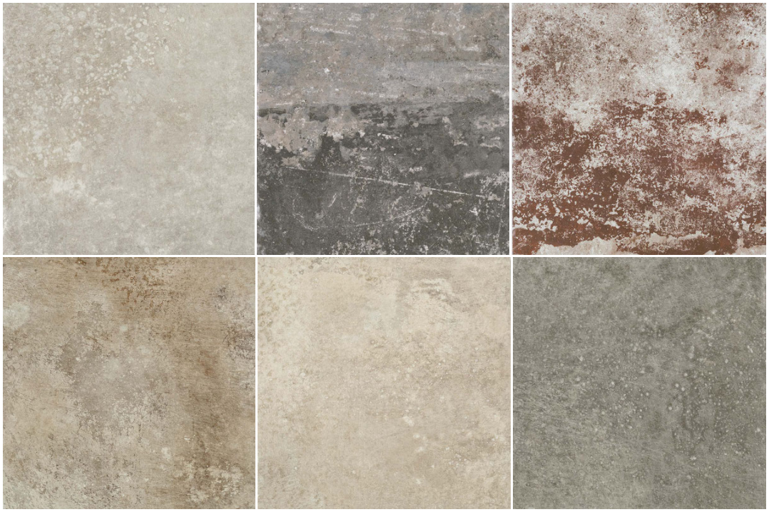 Six square tiles with varying distressed, textured appearances in shades of gray, beige, and brown.