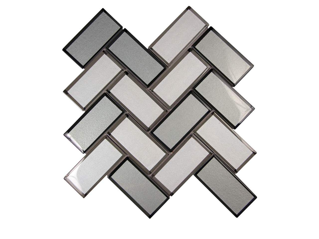 Herringbone pattern mosaic tile in shades of gray and white.