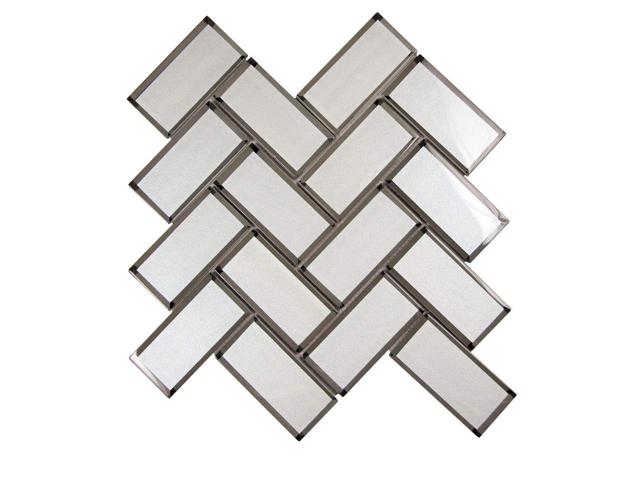 Herringbone pattern white tiles with silver trim.