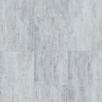 Gray and white mottled stone-look floor tiles in a grid pattern.