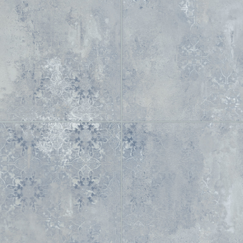 Blue ceramic tile with faded floral pattern.