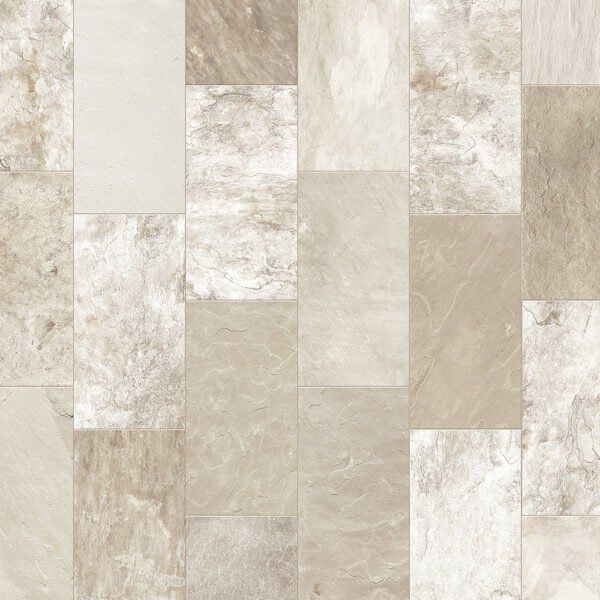 Stone tiles in various shades of beige and tan, arranged in a rectangular pattern.