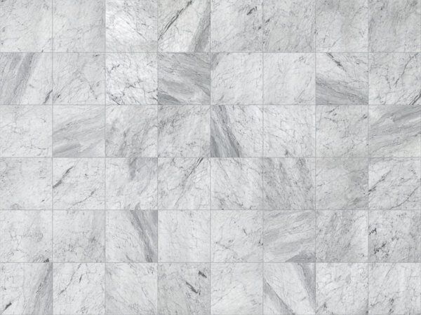 White marble tile flooring with gray veining, arranged in a grid pattern.