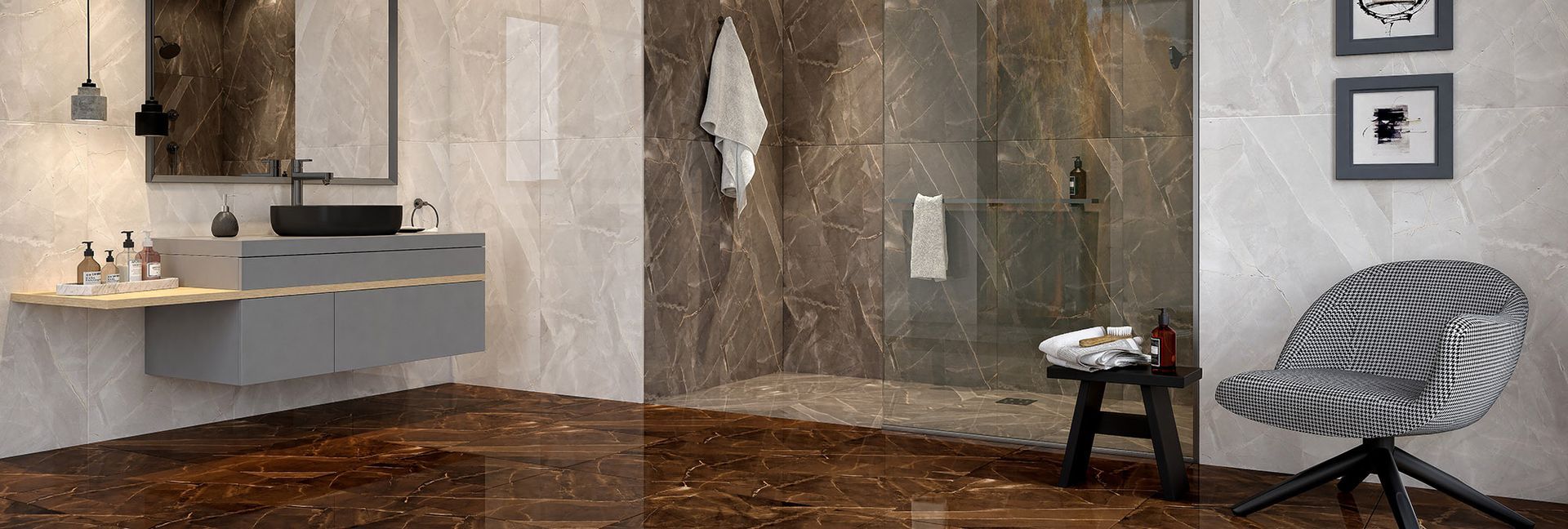 Bathroom with floating vanity, stone shower, and patterned chair.