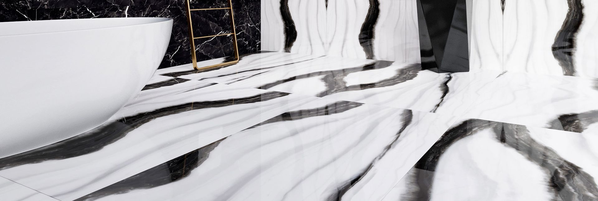 Bathroom with white tub, patterned floor with black and white wave design, and black marble walls.