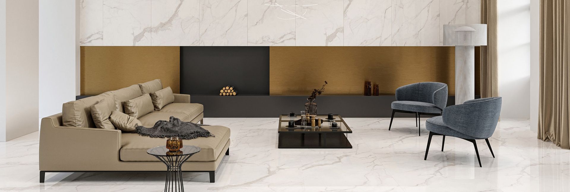 Modern living room with tan sofa, armchairs, coffee table, and marble floors.