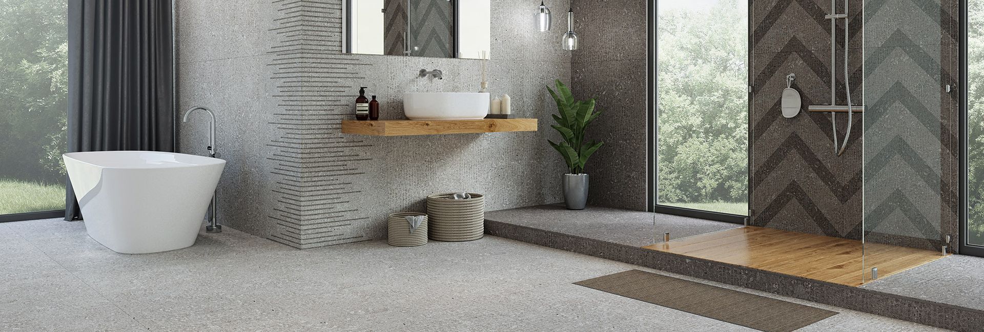 Modern bathroom with a freestanding tub, a sink, and a walk-in shower, all with a neutral color palette and natural light.