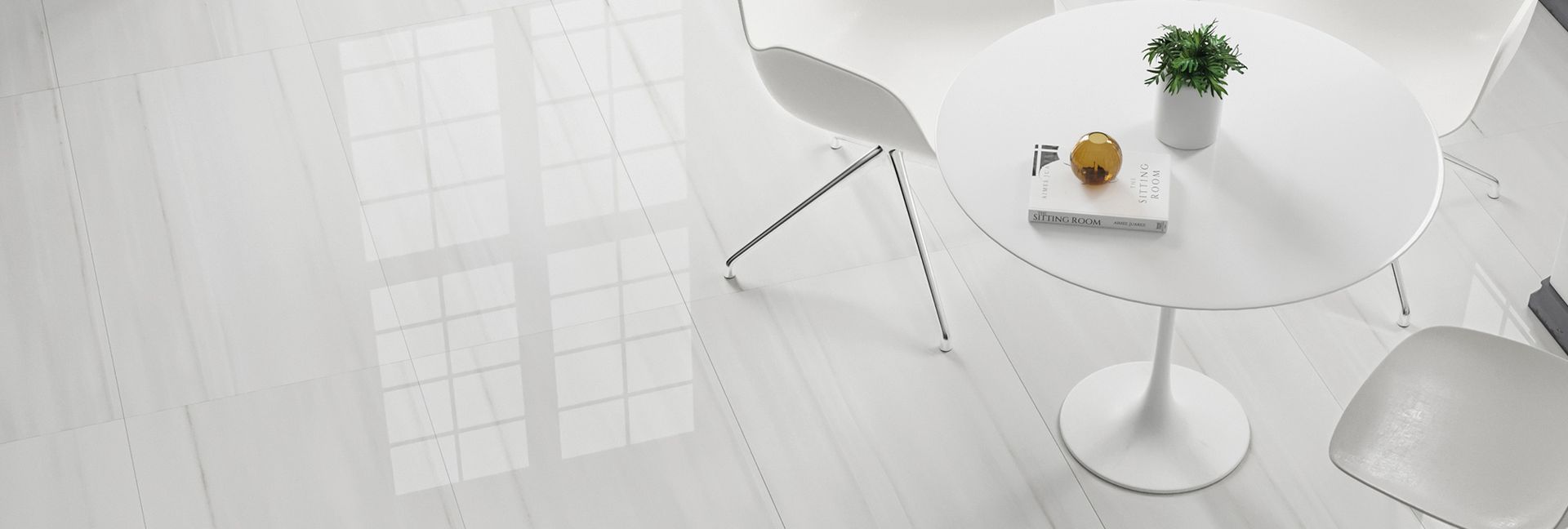 A bright white room with a round table, chairs, and a potted plant; top-down view.