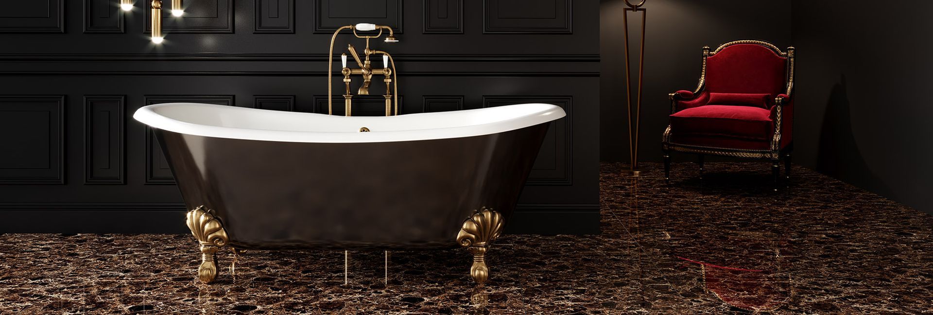 Bathroom with black clawfoot tub, gold fixtures, dark walls, red chair.