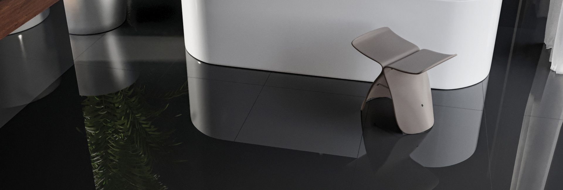 A small, taupe stool sits on a dark, glossy floor next to a curved, white structure.