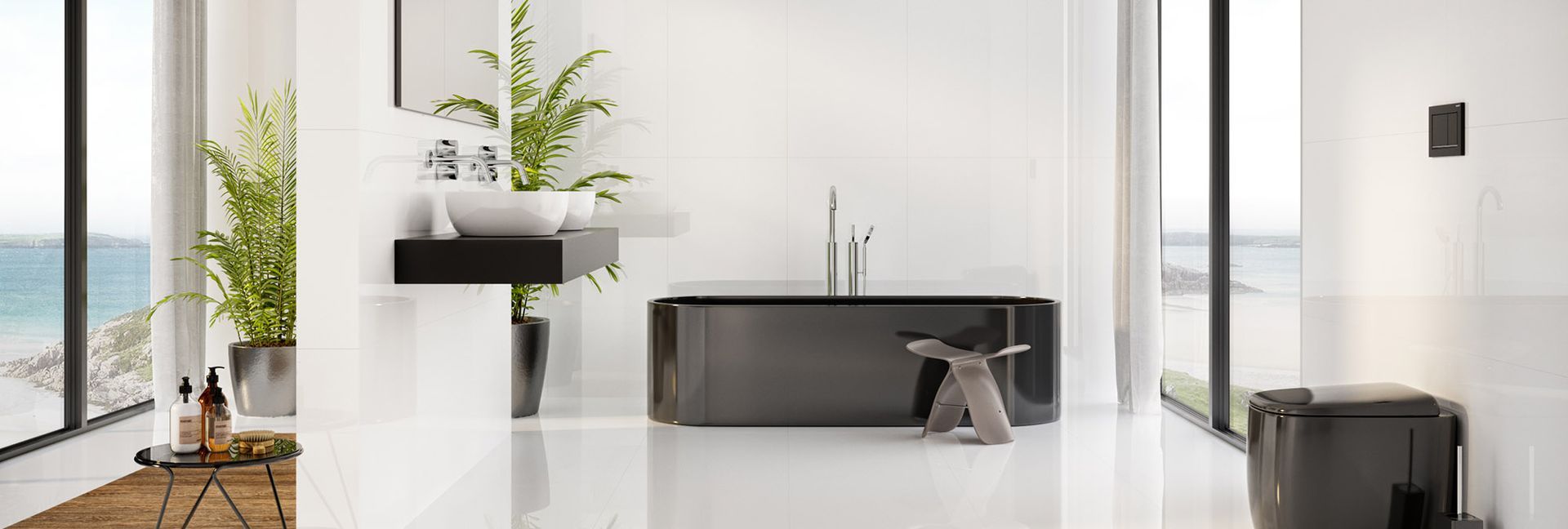 Bright, modern bathroom with ocean view. Features black bathtub, white walls, and plants.