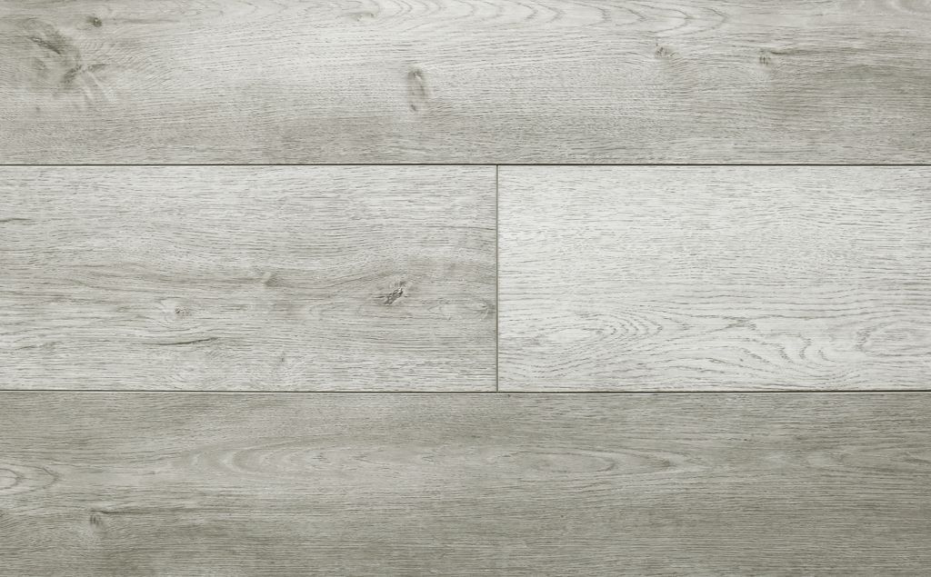 Gray wood-look flooring with visible grain and texture, arranged in a staggered plank pattern.