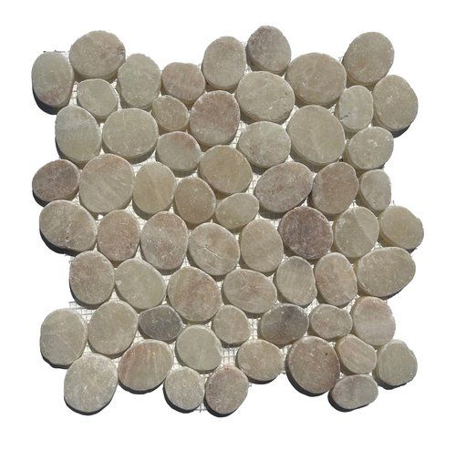 Tan and brown pebble mosaic tile on a white mesh backing.