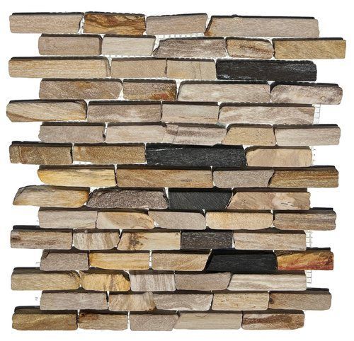 Mosaic tile with tan, brown, and black stone pieces arranged in a brick-like pattern.