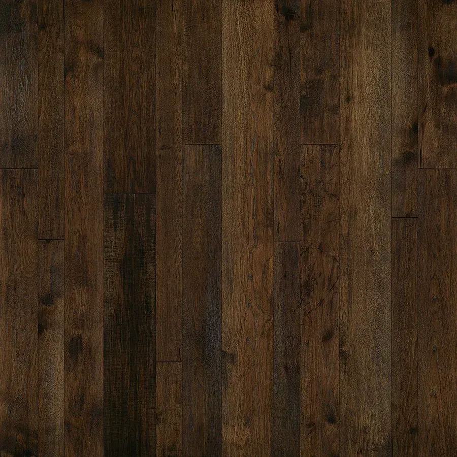 Dark brown hardwood floor with vertical wood grain.