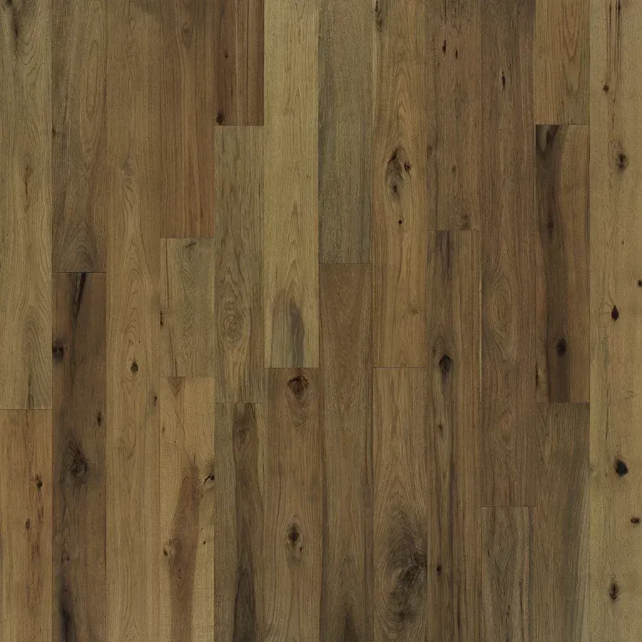 Wood flooring, medium brown tones, with knots and varied grain, vertical planks.