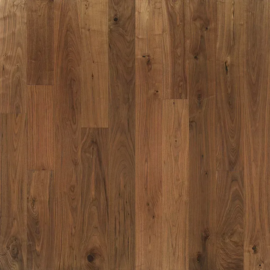 Dark wood floor planks with varying shades of brown and visible wood grain.