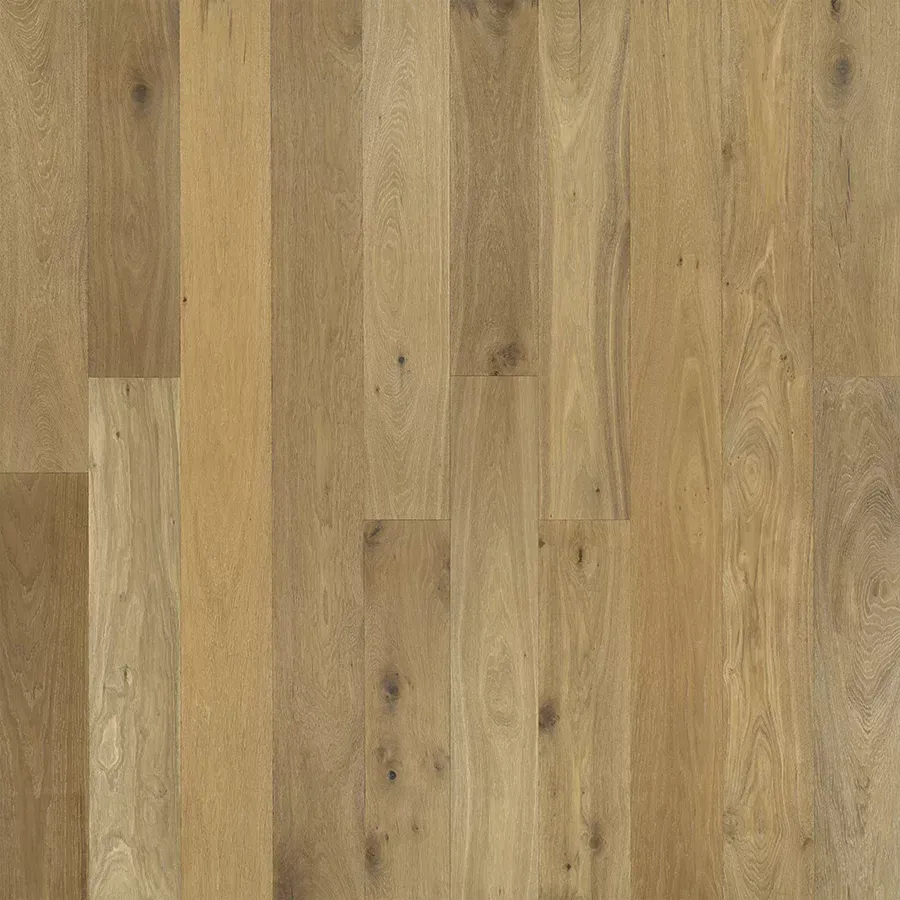 Light brown wood flooring with vertical planks.