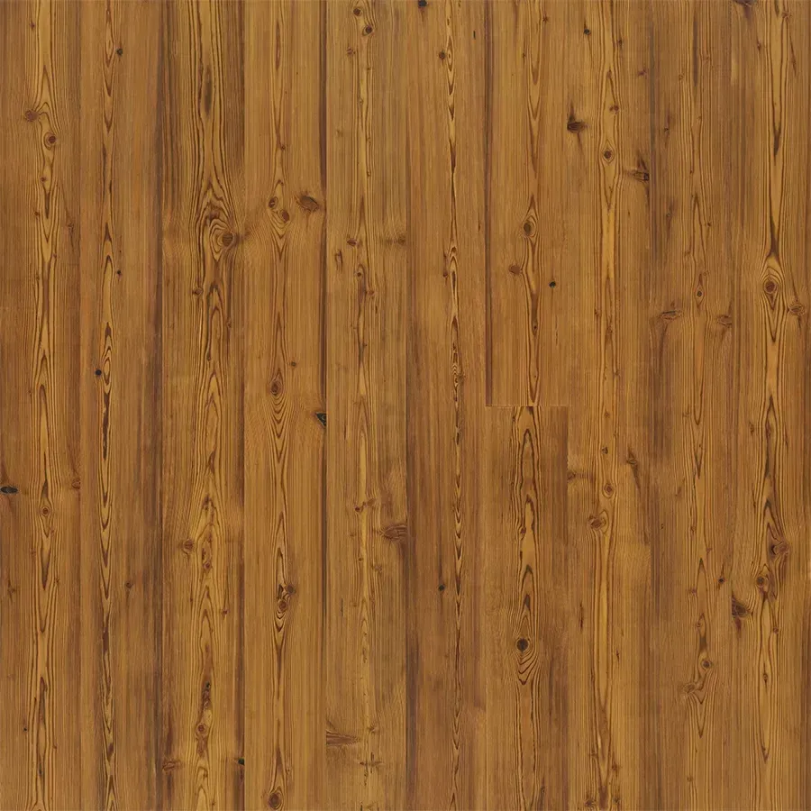 Vertical wood planks, stained golden brown, showing wood grain and knots.