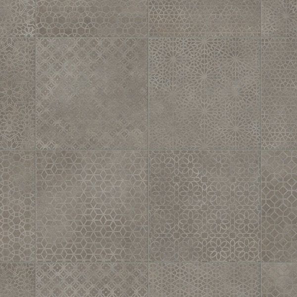 Gray patterned tile with geometric designs.