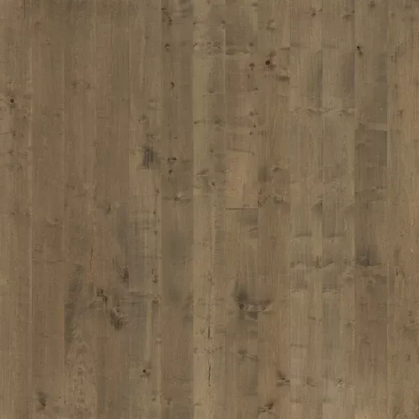 Close-up of wooden floorboards in varying shades of brown and gray, with visible wood grain and knots.