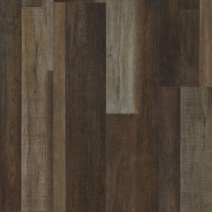 Dark brown and tan wood-look flooring with vertical planks, showing varied shades and textures.