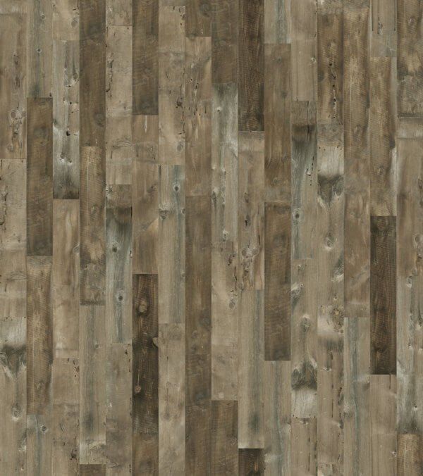 Wood flooring, brown and gray, distressed with a vertical plank pattern.