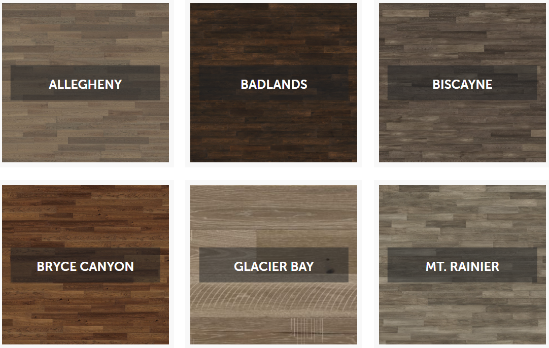 Six wood flooring samples labeled Allegheny, Badlands, Biscayne, Bryce Canyon, Glacier Bay, and Mt. Rainier.