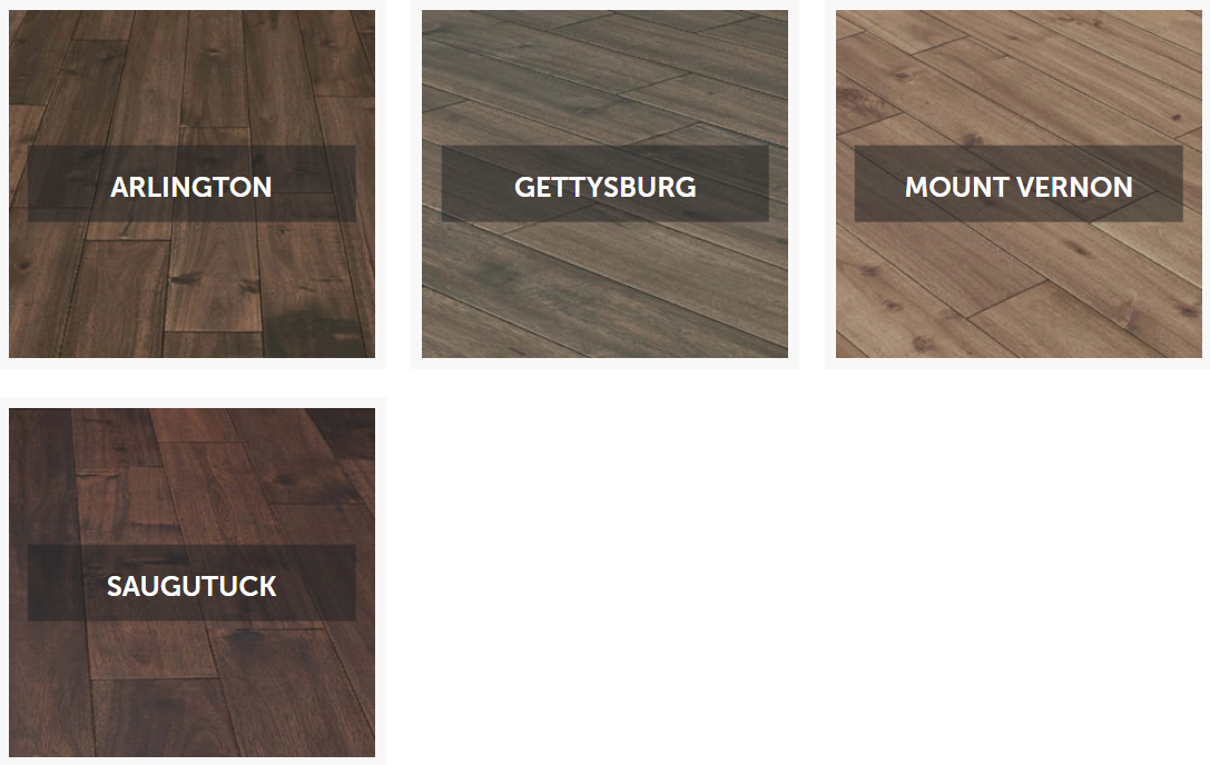 Four wood flooring samples labeled: Arlington (brown), Gettysburg (gray), Mount Vernon (tan), and Saugatuck (dark brown).