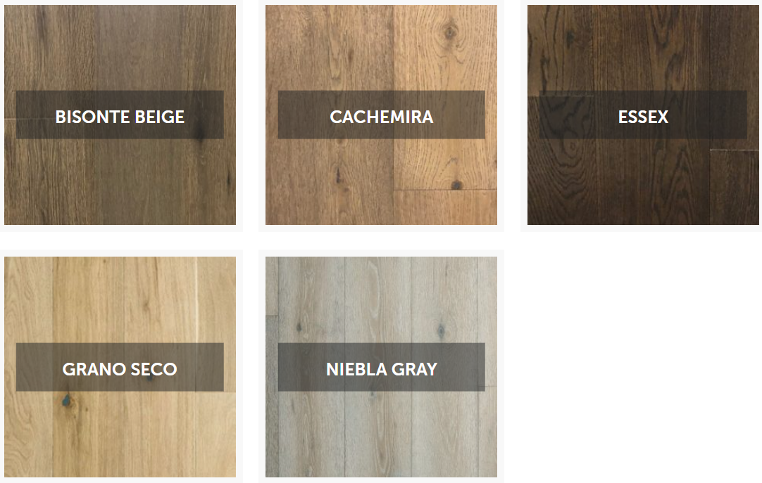 Five wood floor samples, labeled 