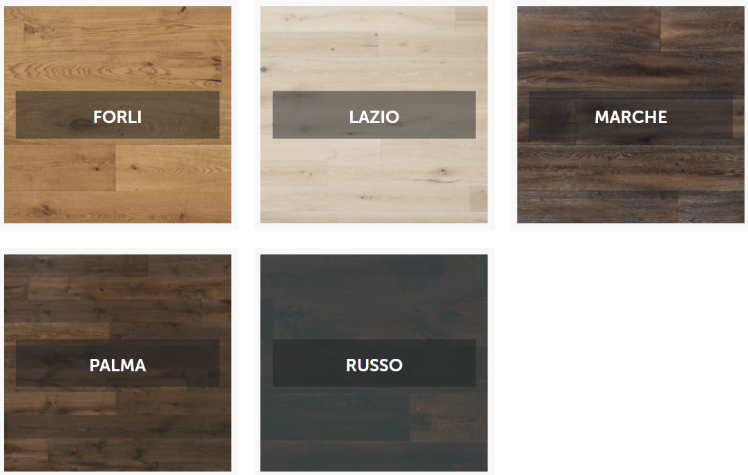Five wood floor samples: Forli (light brown), Lazio (light beige), Marche (dark brown), Parma (brown), and Russo (charcoal).