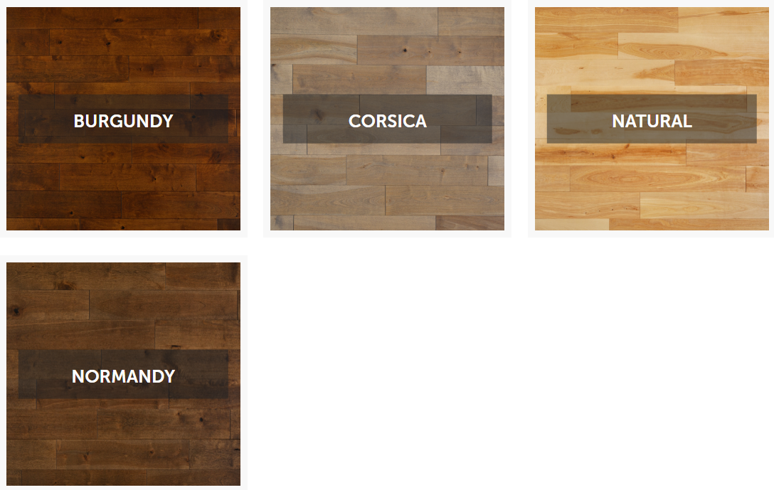 Wood flooring samples in burgundy, Corsica, natural, and Normandy finishes.
