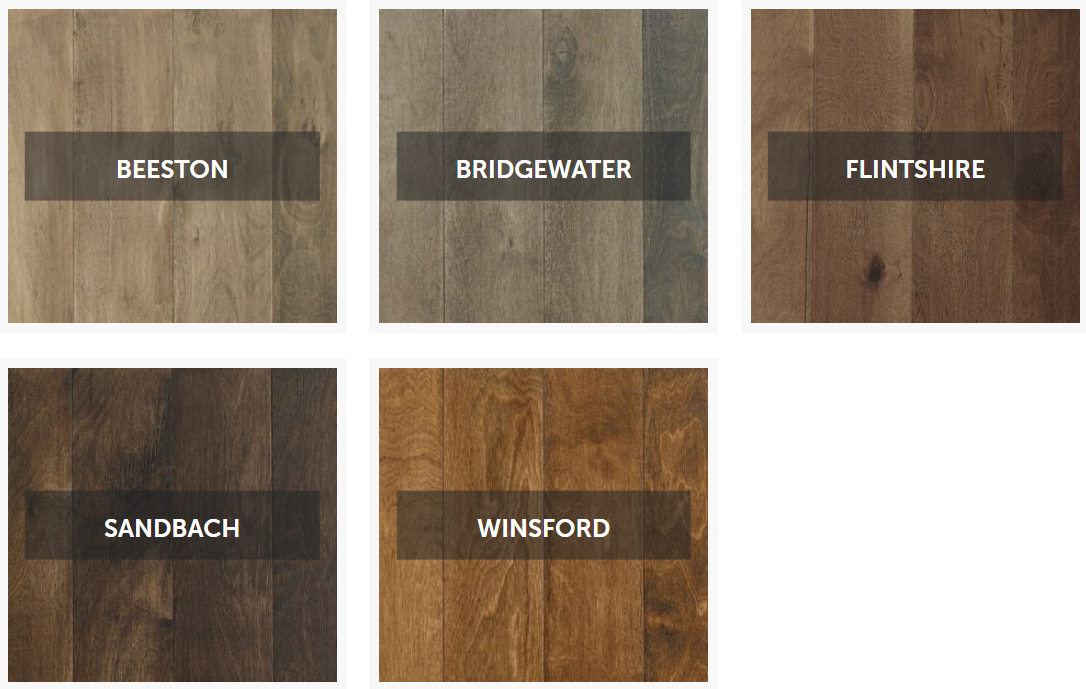Five wood flooring samples: Beeston (light), Bridgewater (gray), Flintshire (dark), Sandbach (brown), Winsford.
