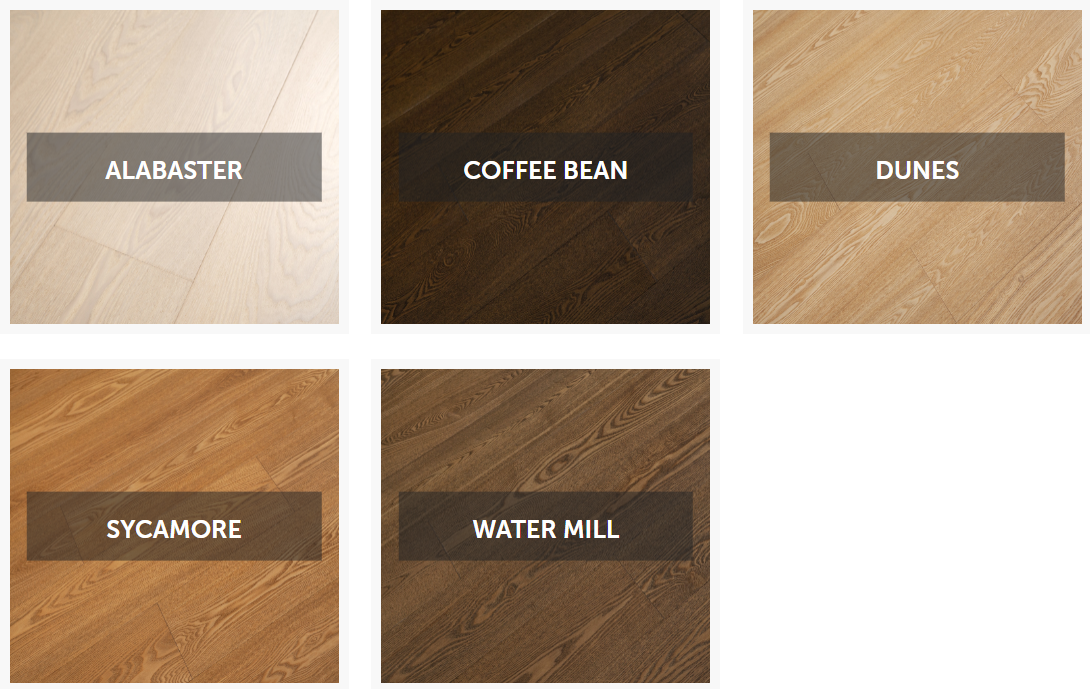 Color swatches: alabaster, coffee bean, dunes, sycamore, and water mill.