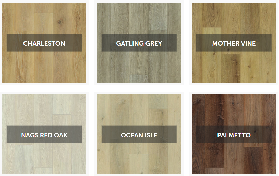 Six wood flooring samples in various colors: Charleston, Gatung Grey, Mother Vine, Nags Red Oak, Ocean Sue, and Palmetto.