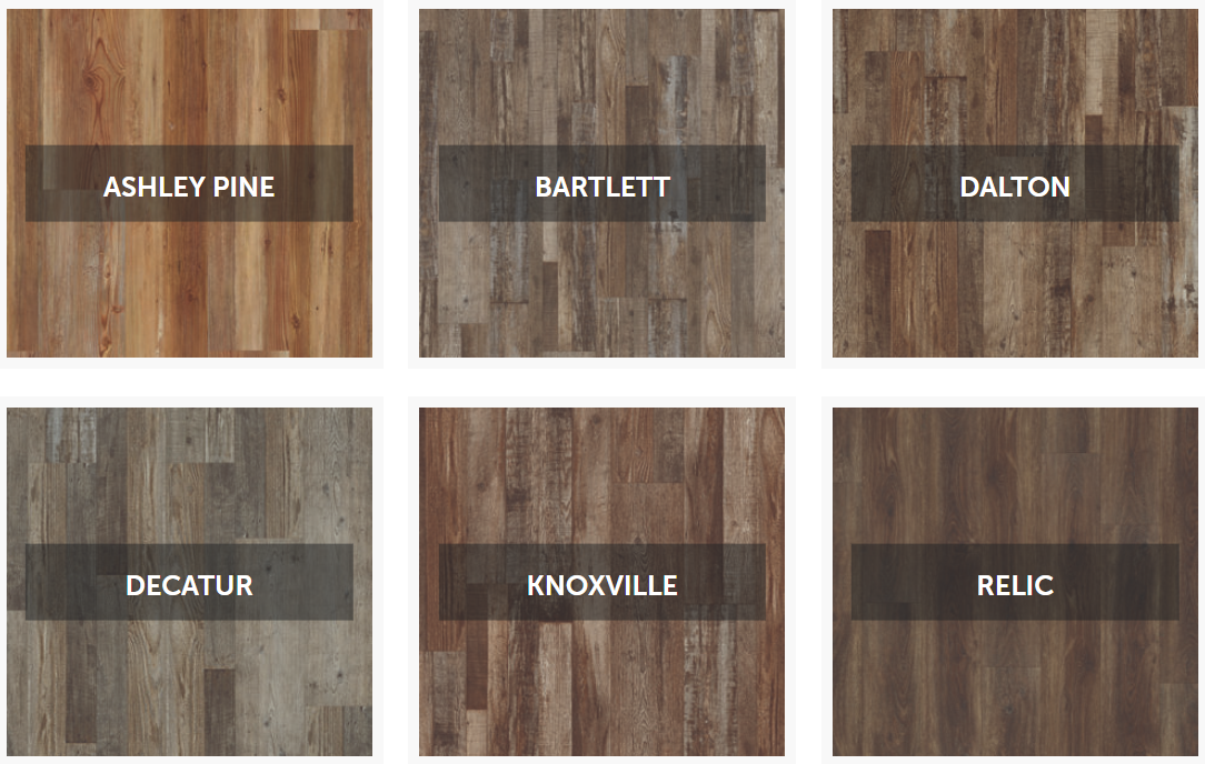 Six wood flooring samples labeled Ashley Pine, Bartlett, Dalton, Decatur, Knoxville, Relic.