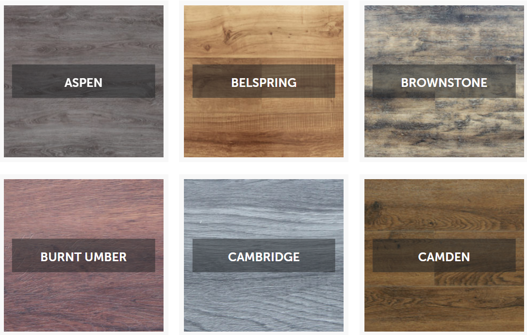 Six wood-look tiles : Aspen (gray), Belspring (light brown), Brownstone (gray-brown), Burnt Umber, Cambridge, and Camden.