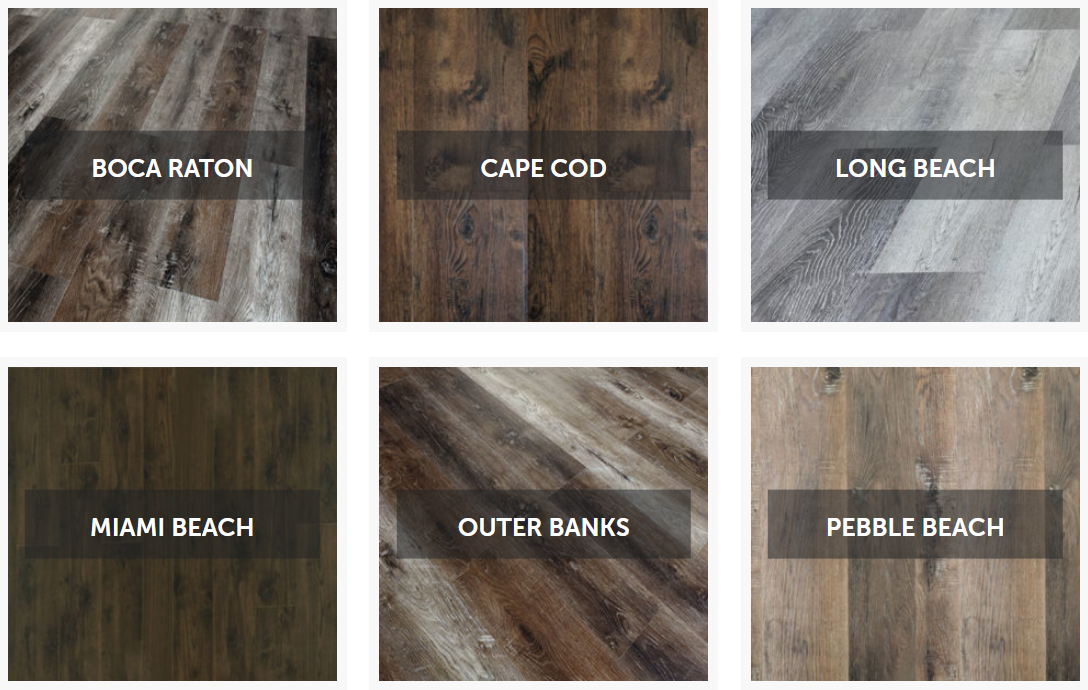 Six wood floor samples: Boca Raton, Calf Cob, Long Beach, Miami Beach, Outer Banks, Pebble Beach.
