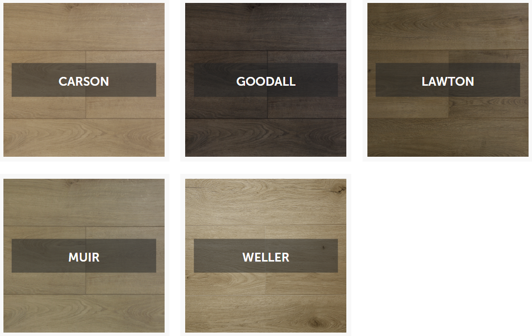Five wood floor samples, labeled: Carson, Goodall, Lawton, Muir, and Weller.