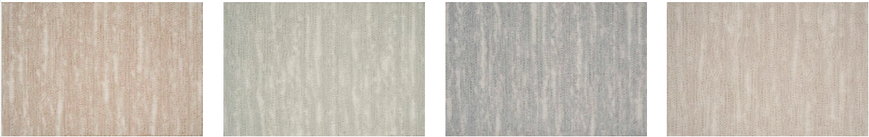 Four vertical panels with textured, light-colored backgrounds: tan, pale green, gray, and beige.