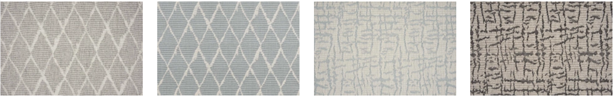 Four textured fabric swatches, each with a different woven pattern, in neutral colors.