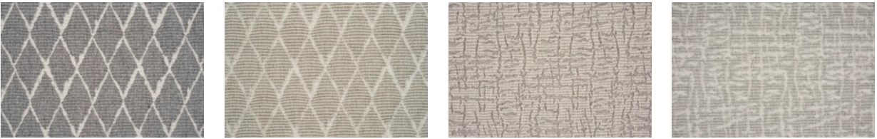Four samples of textured material, ranging from a grid pattern to a finer, speckled design in neutral tones.