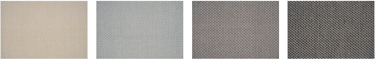 Four rectangular fabric swatches of beige to dark gray colors.