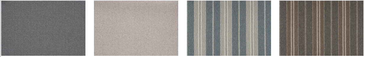 Four fabric texture samples: gray, beige, striped blue, and striped brown.