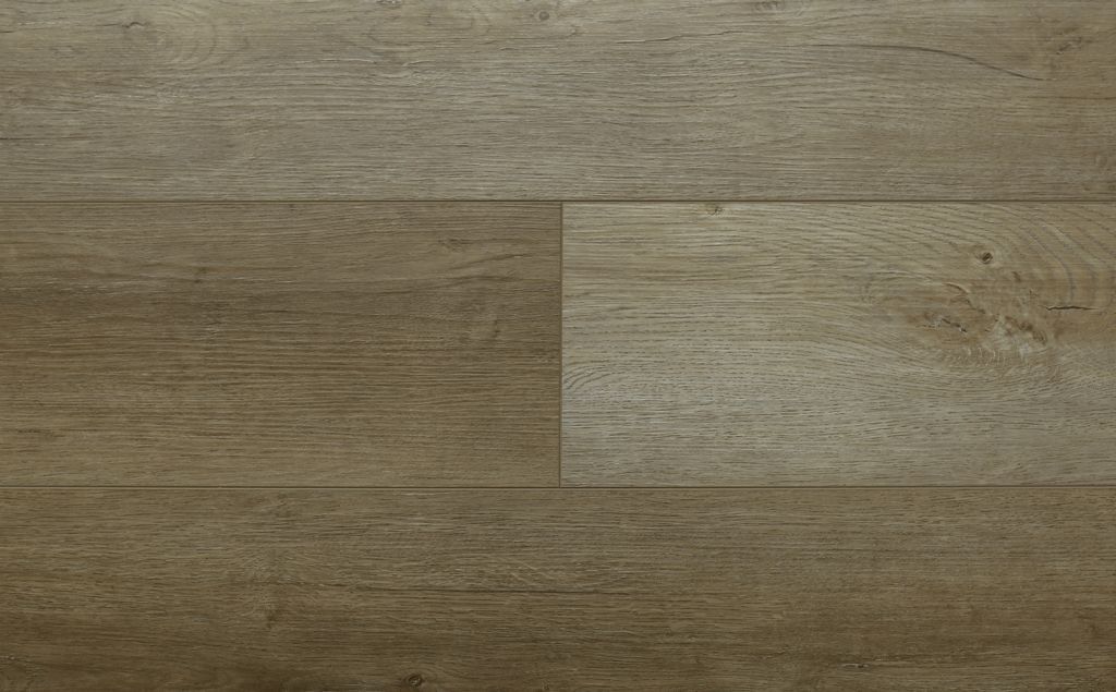 Wood-look flooring in shades of brown, planks arranged horizontally, creating a warm, textured surface.