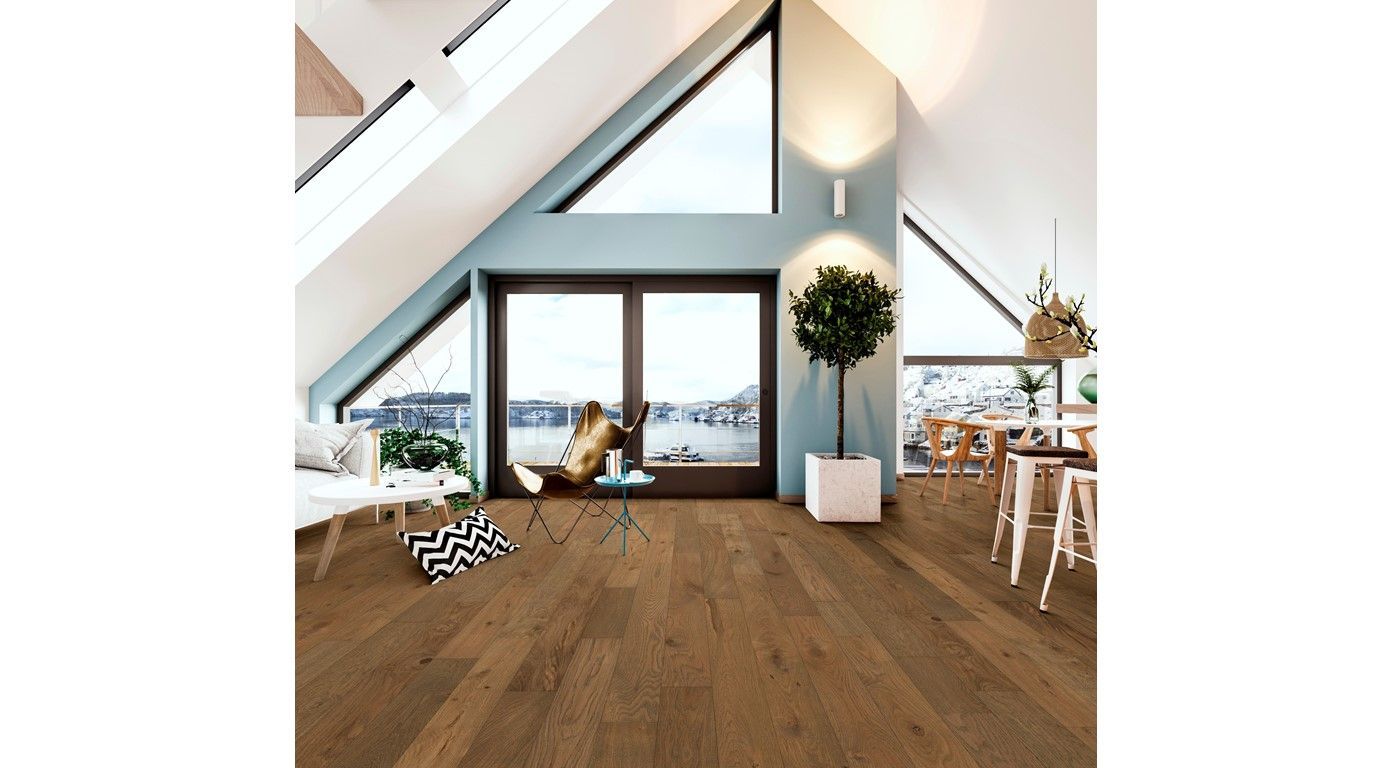 Wooden-floored room with large windows, a dog, and an open dining area overlooking a city.