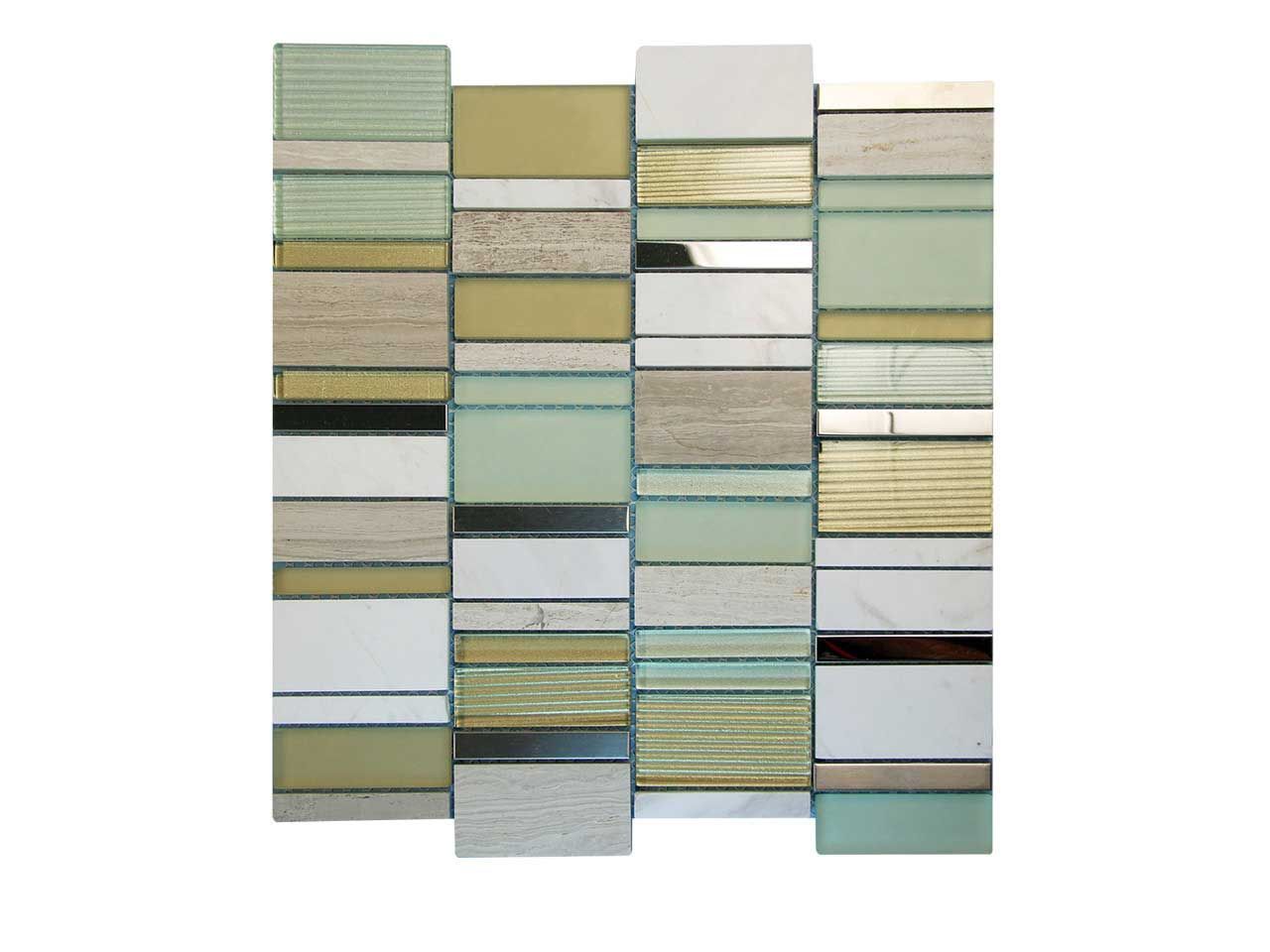 Mosaic tile featuring various colors and textures, including glass, gold, and stone.