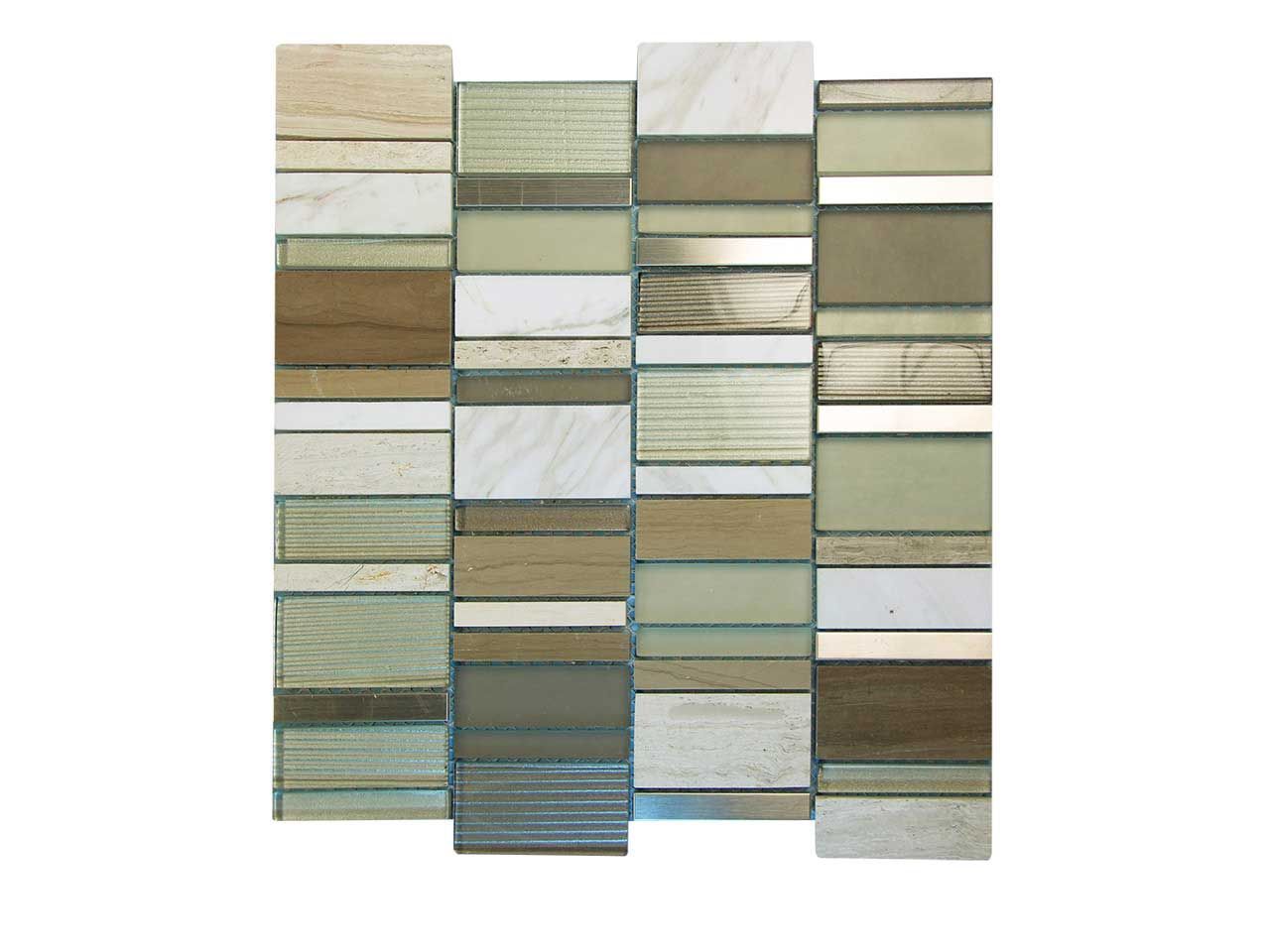 Mosaic tile, neutral tones: beige, white, and green glass and stone, rectangular pieces.