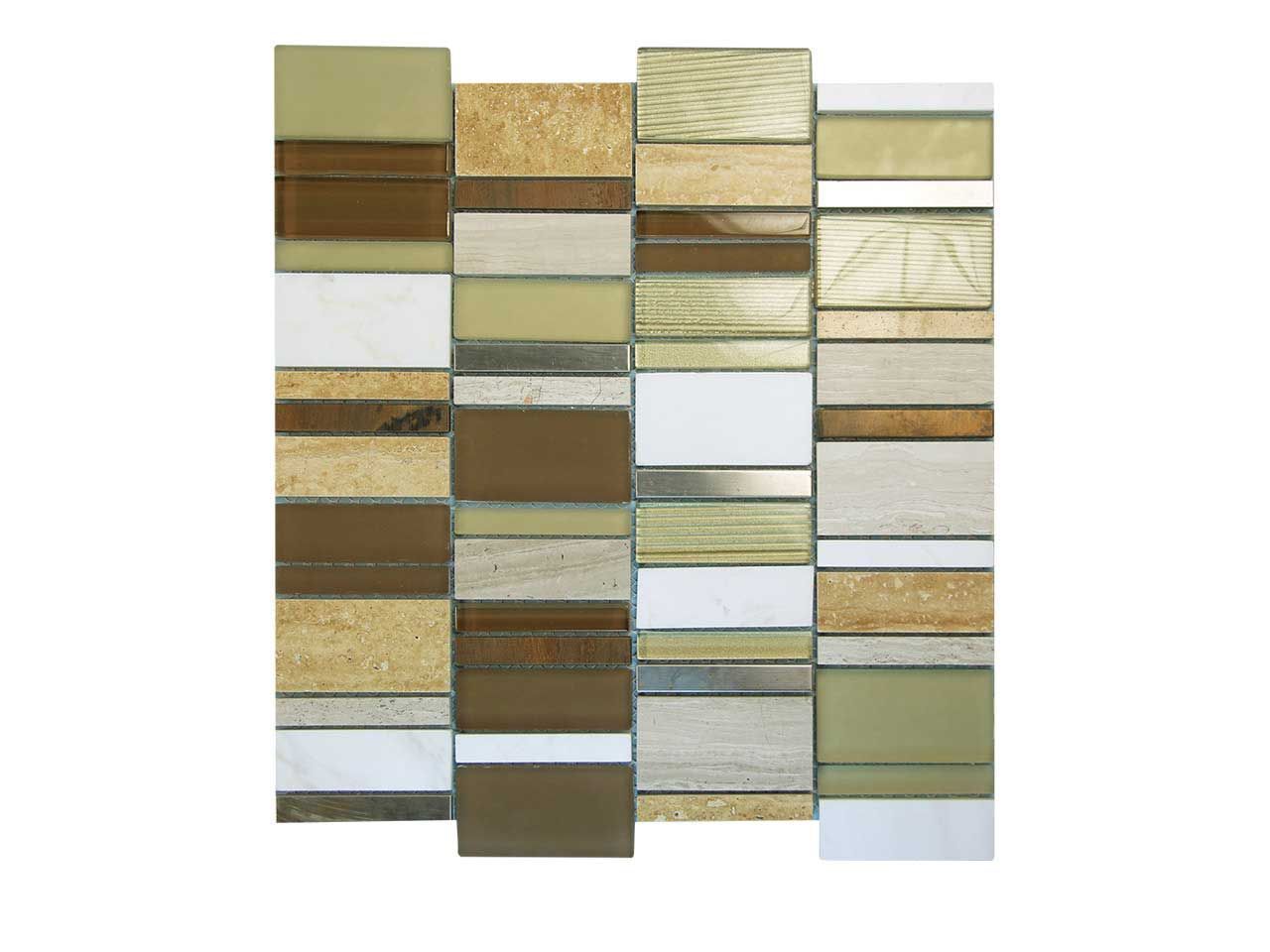 Mosaic tile in beige, brown, gold, and white rectangular shapes.